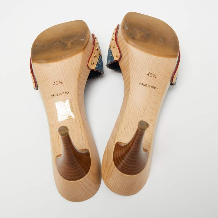 Pre Owned Louis Vuitton Blue/Beige Monogram Canvas and Leather Bow Grenadine Platform Slide Sandals Size 40.5