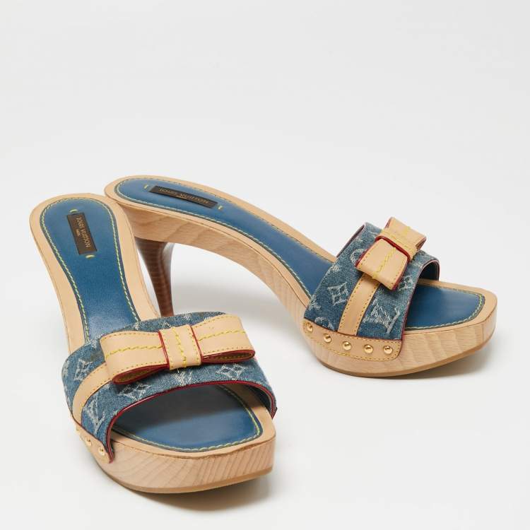 Pre Owned Louis Vuitton Blue/Beige Monogram Canvas and Leather Bow Grenadine Platform Slide Sandals Size 40.5