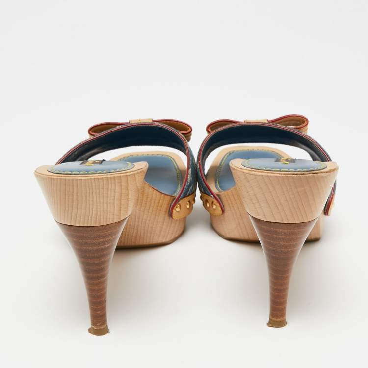 Pre Owned Louis Vuitton Blue/Beige Monogram Canvas and Leather Bow Grenadine Platform Slide Sandals Size 40.5