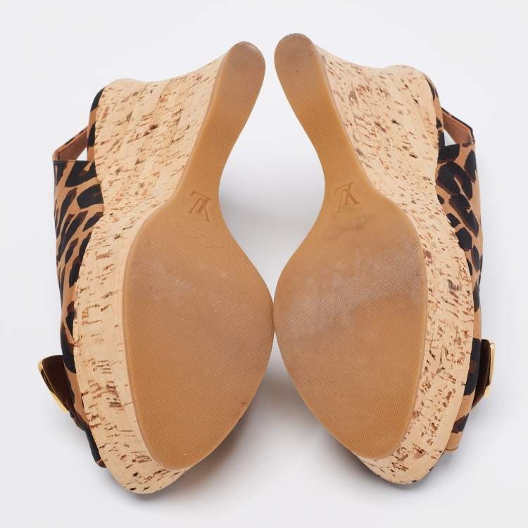 Pre Owned Louis Vuitton Tri-Color Leopard Print Canvas Bow Platform Wedge Slingback Sandals Size 40