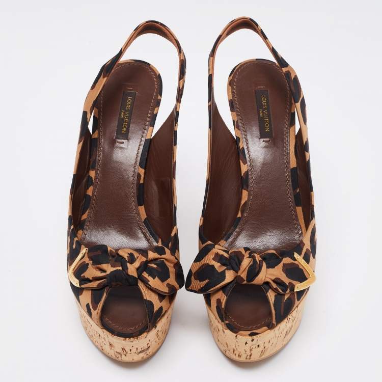 Pre Owned Louis Vuitton Tri-Color Leopard Print Canvas Bow Platform Wedge Slingback Sandals Size 40