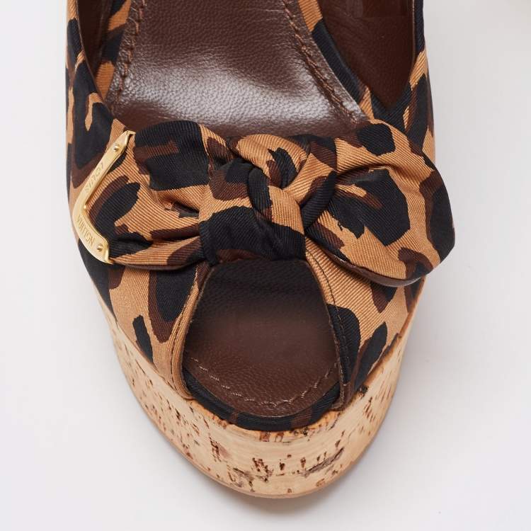 Pre Owned Louis Vuitton Tri-Color Leopard Print Canvas Bow Platform Wedge Slingback Sandals Size 40