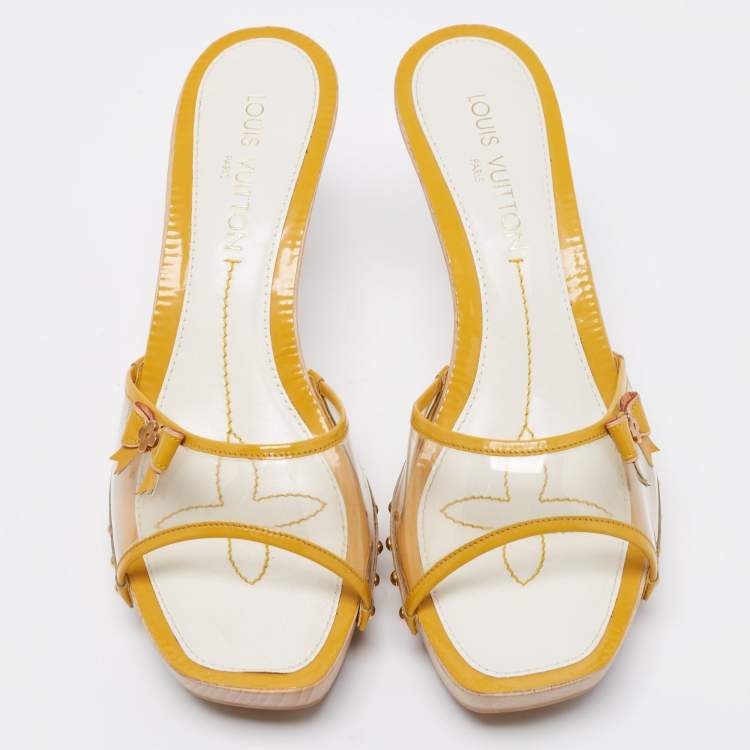 Pre Owned Louis Vuitton Yellow Patent Leather And PVC Bow Platform Slide Sandals Size 40.5