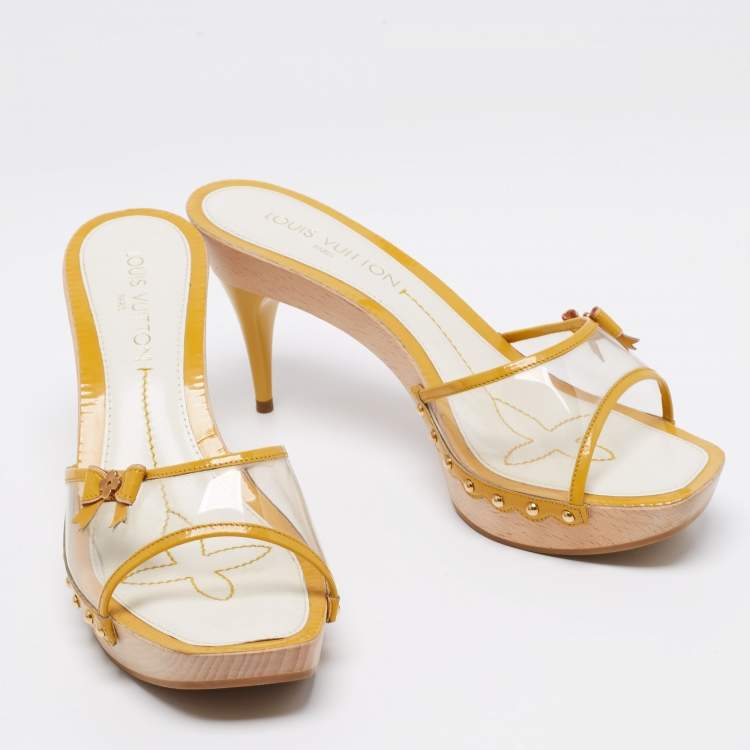 Pre Owned Louis Vuitton Yellow Patent Leather And PVC Bow Platform Slide Sandals Size 40.5