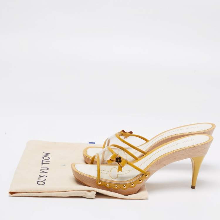 Pre Owned Louis Vuitton Yellow Patent Leather And PVC Bow Platform Slide Sandals Size 40.5