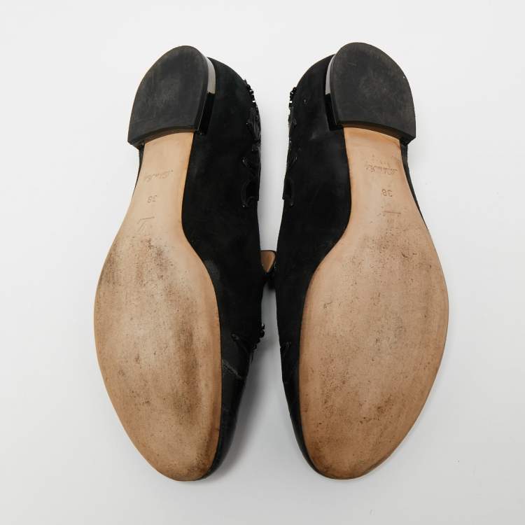 Pre Owned Louis Vuitton Black Beaded Suede And Crocodile Cap Toe Smoking Slippers Size 38