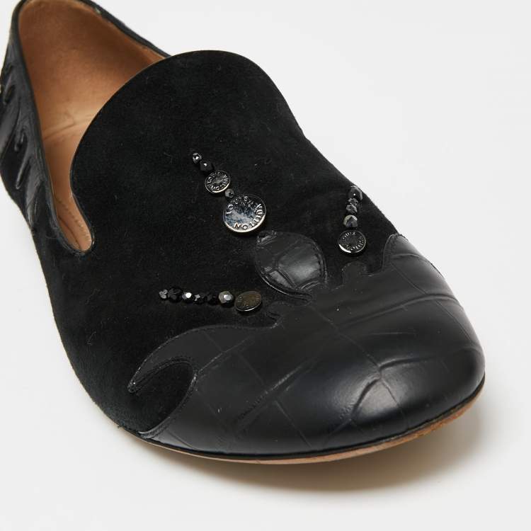Pre Owned Louis Vuitton Black Beaded Suede And Crocodile Cap Toe Smoking Slippers Size 38