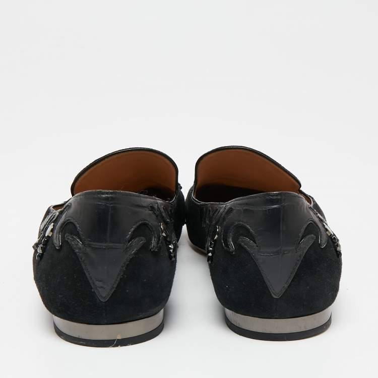 Pre Owned Louis Vuitton Black Beaded Suede And Crocodile Cap Toe Smoking Slippers Size 38