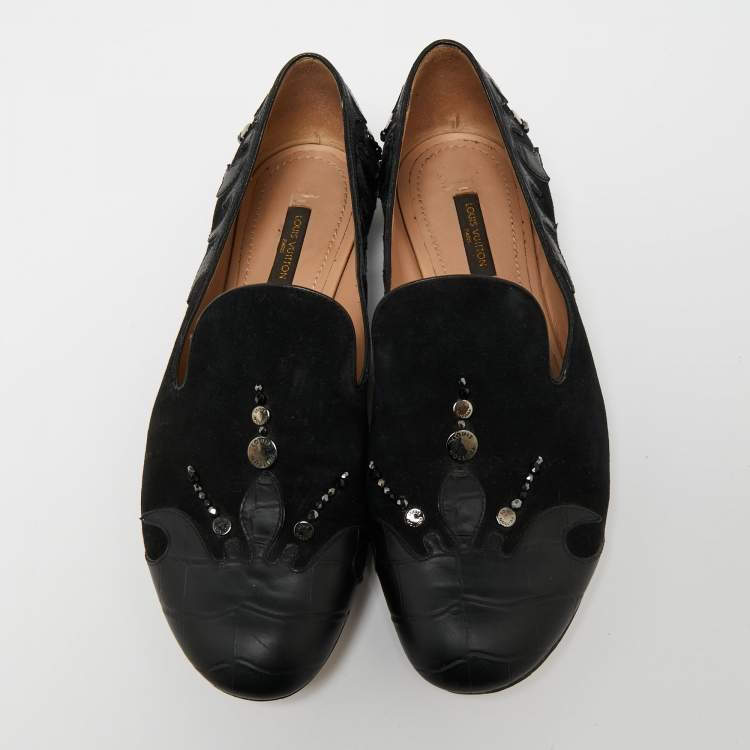 Pre Owned Louis Vuitton Black Beaded Suede And Crocodile Cap Toe Smoking Slippers Size 38