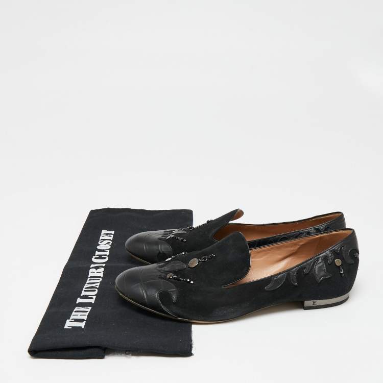 Pre Owned Louis Vuitton Black Beaded Suede And Crocodile Cap Toe Smoking Slippers Size 38