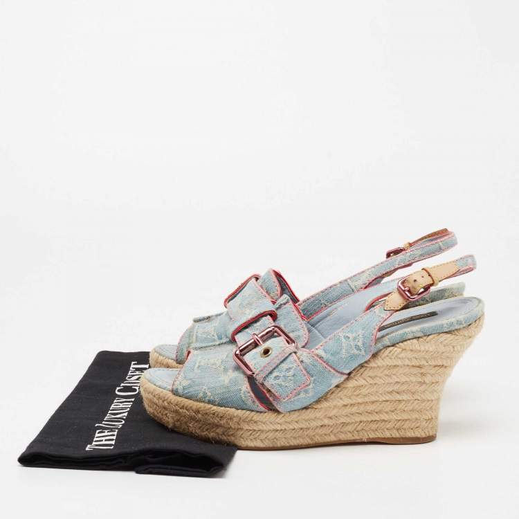 Pre Owned Louis Vuitton Light Blue Monogram Denim Espadrille Slingback Wedge Sandals Size 40