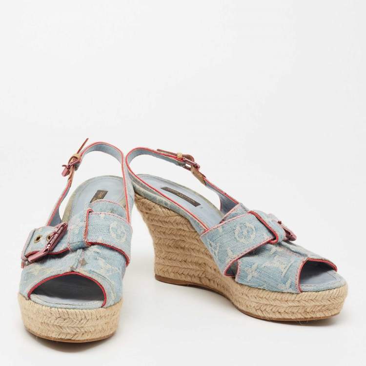 Pre Owned Louis Vuitton Light Blue Monogram Denim Espadrille Slingback Wedge Sandals Size 40