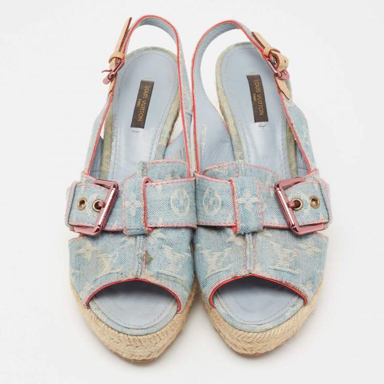 Pre Owned Louis Vuitton Light Blue Monogram Denim Espadrille Slingback Wedge Sandals Size 40