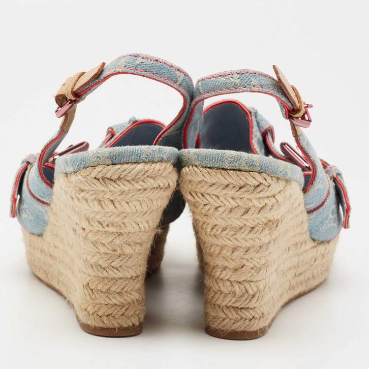 Pre Owned Louis Vuitton Light Blue Monogram Denim Espadrille Slingback Wedge Sandals Size 40