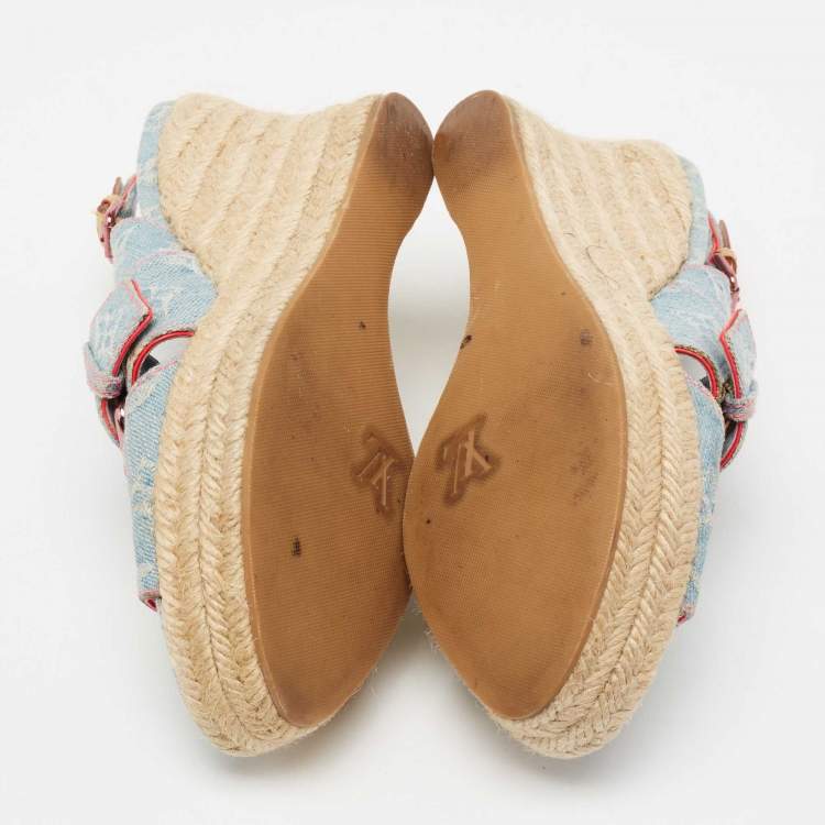 Pre Owned Louis Vuitton Light Blue Monogram Denim Espadrille Slingback Wedge Sandals Size 40