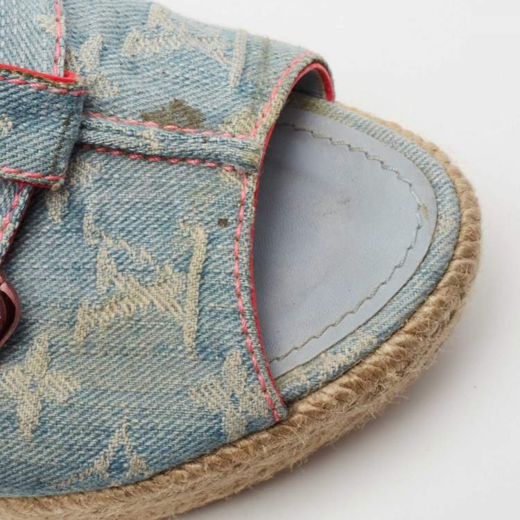 Pre Owned Louis Vuitton Light Blue Monogram Denim Espadrille Slingback Wedge Sandals Size 40