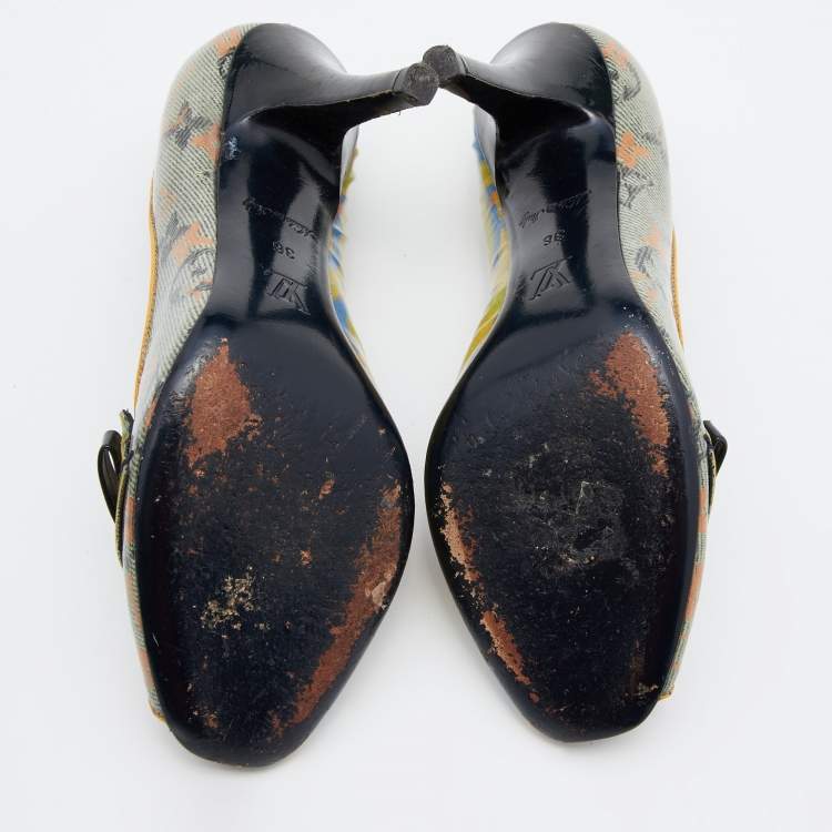 مملوكة مسبقًا Louis Vuitton Yellow Monogram Coated Denim Richard Prince Flash Pulp Peep-Toe Pumps Size 36