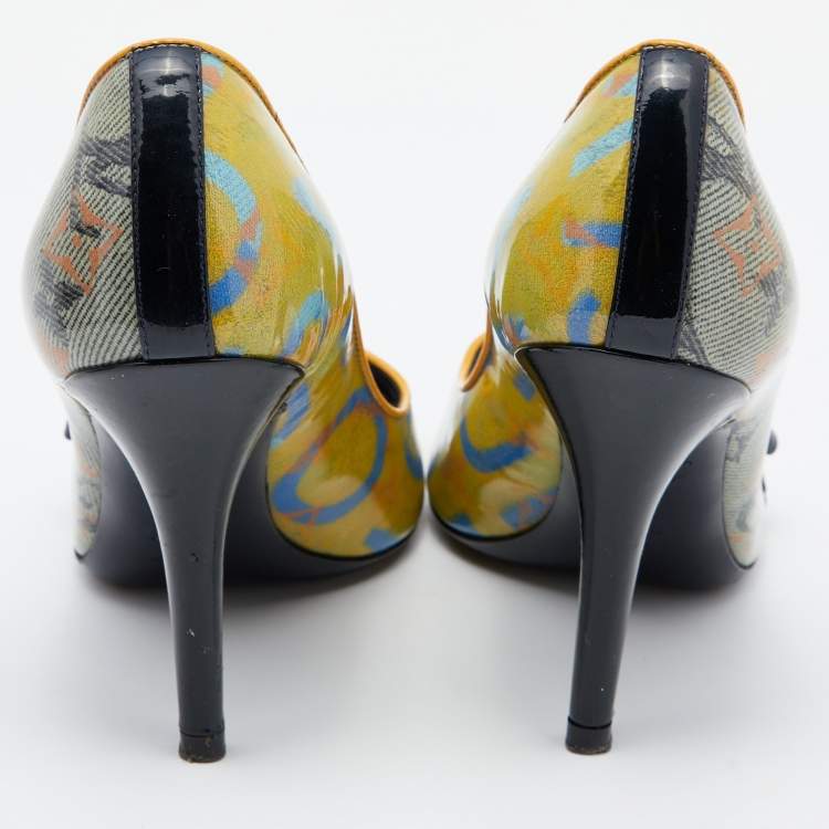 مملوكة مسبقًا Louis Vuitton Yellow Monogram Coated Denim Richard Prince Flash Pulp Peep-Toe Pumps Size 36