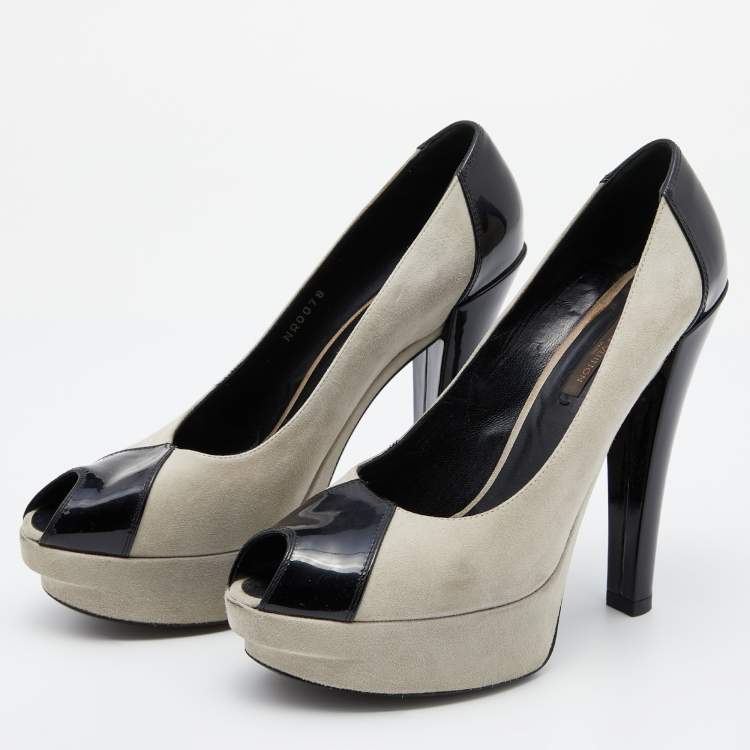 Pre Owned Louis Vuitton Grey/Black Suede And Patent Leather Peep Toe Platform Pumps Size 37