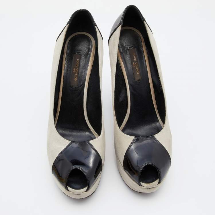 Pre Owned Louis Vuitton Grey/Black Suede And Patent Leather Peep Toe Platform Pumps Size 37