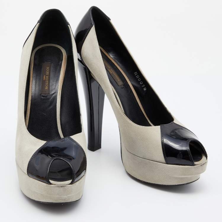 Pre Owned Louis Vuitton Grey/Black Suede And Patent Leather Peep Toe Platform Pumps Size 37