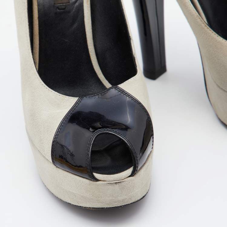 Pre Owned Louis Vuitton Grey/Black Suede And Patent Leather Peep Toe Platform Pumps Size 37