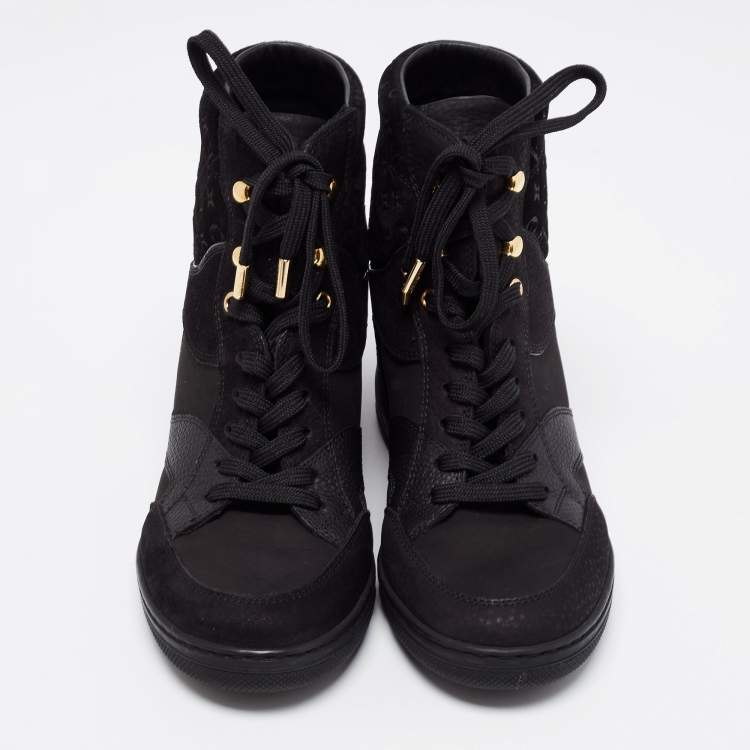 Pre Owned Louis Vuitton Black Monogram Empreinte Leather And Suede High Top Sneakers Size 36