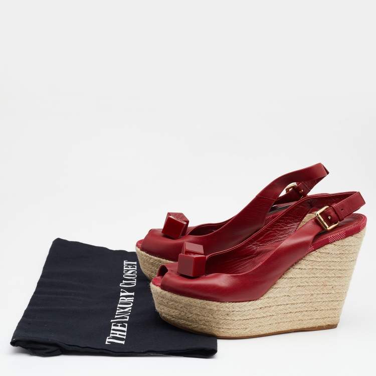 Pre Owned Louis Vuitton Red Leather Gossip Cube Embellished Espadrille Wedge Peep Toe Slingback Sandals Size 37