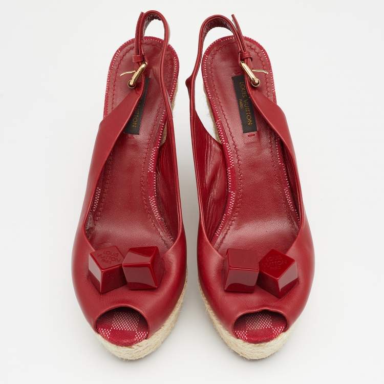Pre Owned Louis Vuitton Red Leather Gossip Cube Embellished Espadrille Wedge Peep Toe Slingback Sandals Size 37
