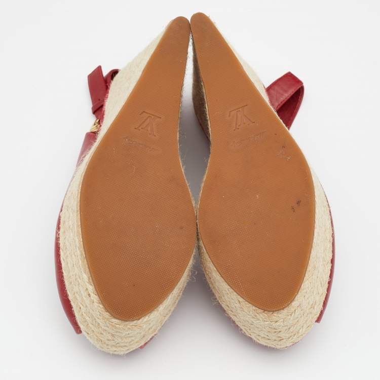 Pre Owned Louis Vuitton Red Leather Gossip Cube Embellished Espadrille Wedge Peep Toe Slingback Sandals Size 37