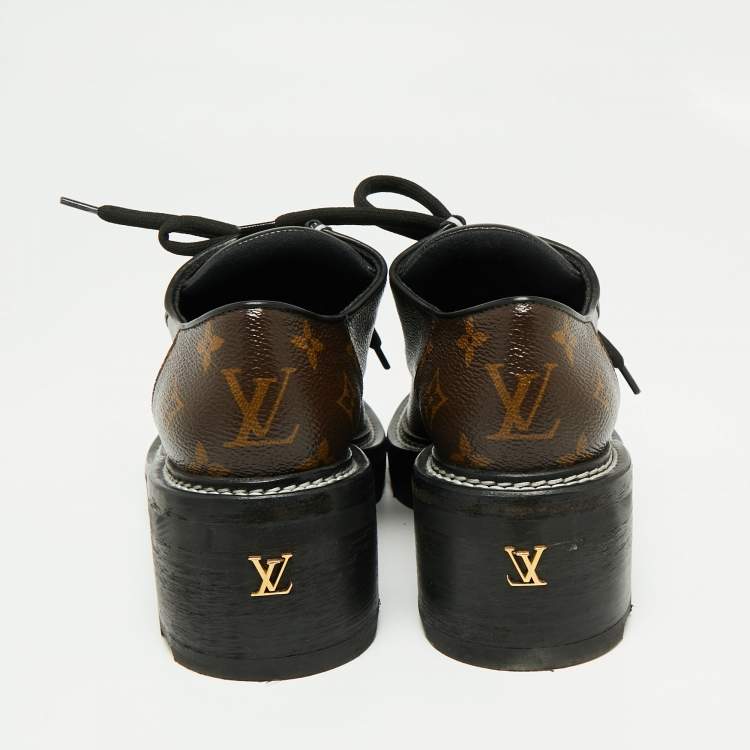 Pre Owned Louis Vuitton Brown/Black Leather And Monogram Canvas Beaubourg Platform Derby Size 39