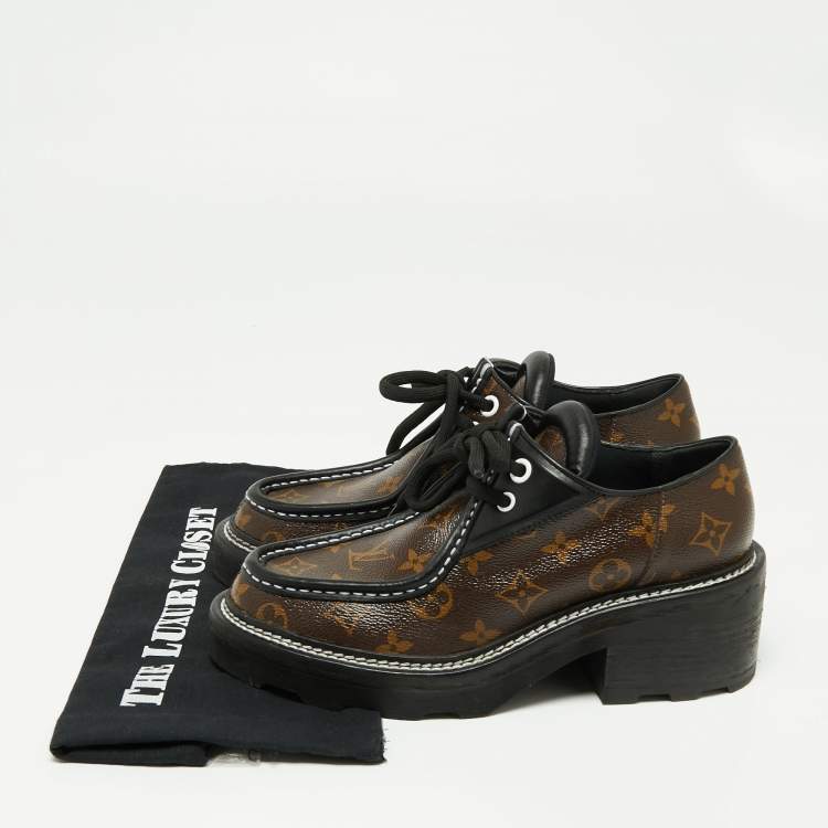 Pre Owned Louis Vuitton Brown/Black Leather And Monogram Canvas Beaubourg Platform Derby Size 39