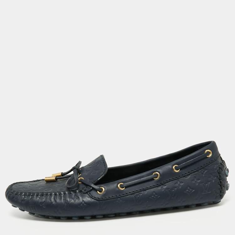 Pre Owned Louis Vuitton Navy Blue Monogram Empreinte Leather Gloria Loafers Size 38.5