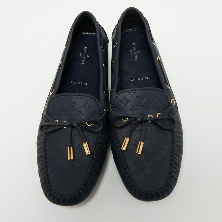 Pre Owned Louis Vuitton Navy Blue Monogram Empreinte Leather Gloria Loafers Size 38.5