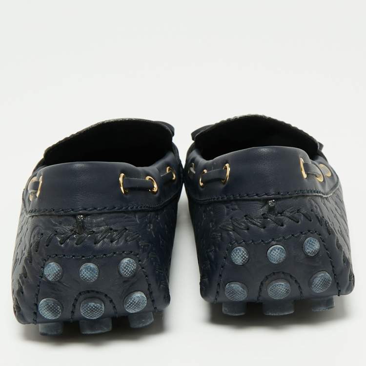Pre Owned Louis Vuitton Navy Blue Monogram Empreinte Leather Gloria Loafers Size 38.5