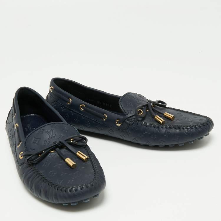 Pre Owned Louis Vuitton Navy Blue Monogram Empreinte Leather Gloria Loafers Size 38.5