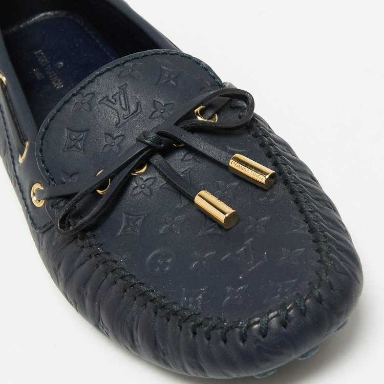 Pre Owned Louis Vuitton Navy Blue Monogram Empreinte Leather Gloria Loafers Size 38.5