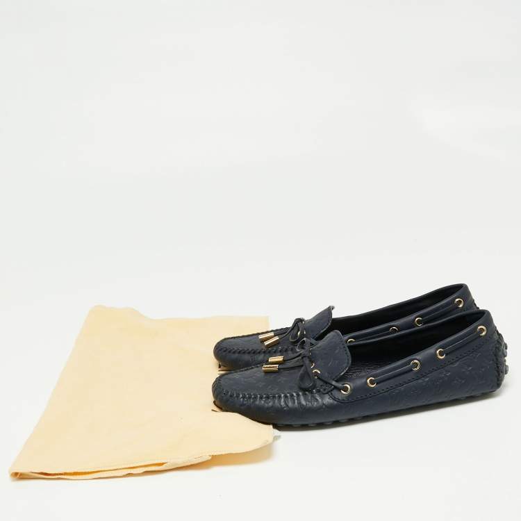 Pre Owned Louis Vuitton Navy Blue Monogram Empreinte Leather Gloria Loafers Size 38.5