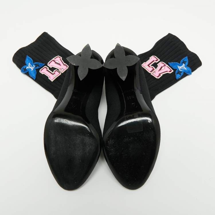 Pre Owned Louis Vuitton Black Knit Fabric LV Black Heart Sock Ankle Boots Size 38.5