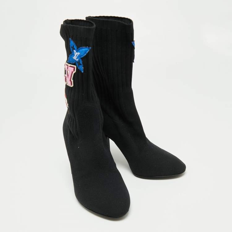Pre Owned Louis Vuitton Black Knit Fabric LV Black Heart Sock Ankle Boots Size 38.5