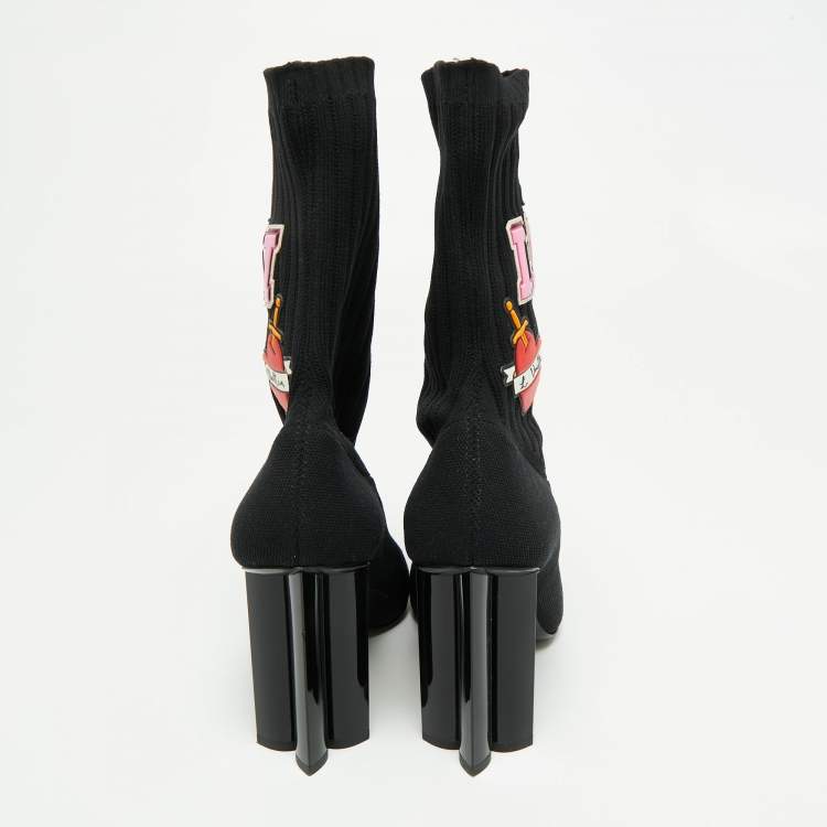 Pre Owned Louis Vuitton Black Knit Fabric LV Black Heart Sock Ankle Boots Size 38.5