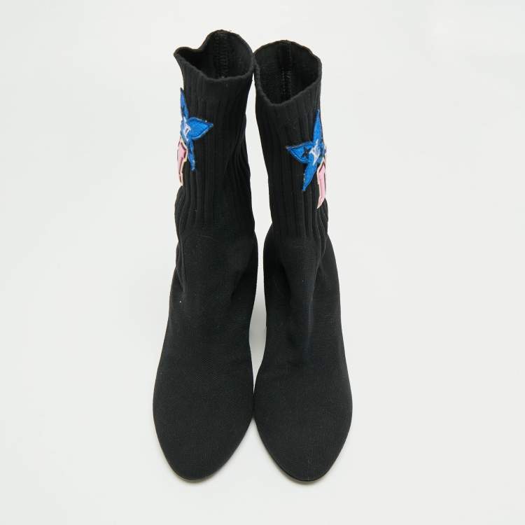 Pre Owned Louis Vuitton Black Knit Fabric LV Black Heart Sock Ankle Boots Size 38.5