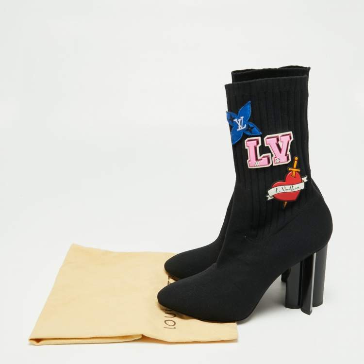 Pre Owned Louis Vuitton Black Knit Fabric LV Black Heart Sock Ankle Boots Size 38.5