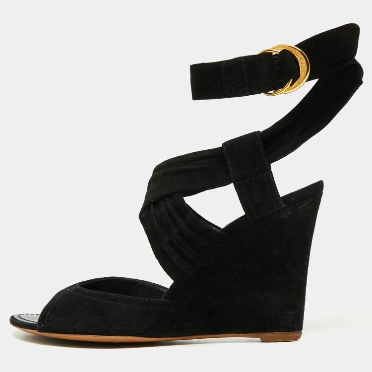 Louis Vuitton Black Satin Strappy Sandals Gold Wedge O Heels
