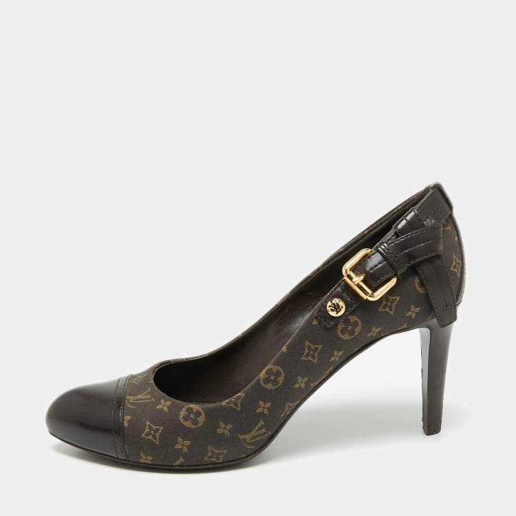 Pre Owned Louis Vuitton Brown Monogram Canvas Mini Lin Barbara Leather Cap Pointed Toe Pumps Size 36