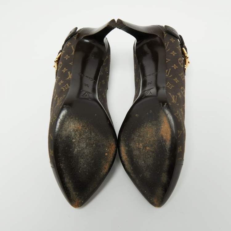 Pre Owned Louis Vuitton Brown Monogram Canvas Mini Lin Barbara Leather Cap Pointed Toe Pumps Size 36