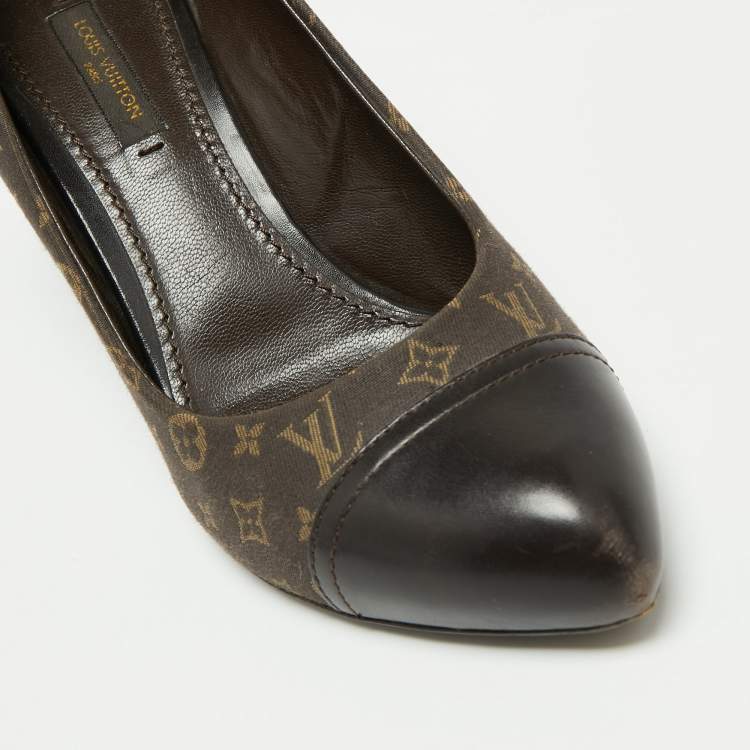 Pre Owned Louis Vuitton Brown Monogram Canvas Mini Lin Barbara Leather Cap Pointed Toe Pumps Size 36