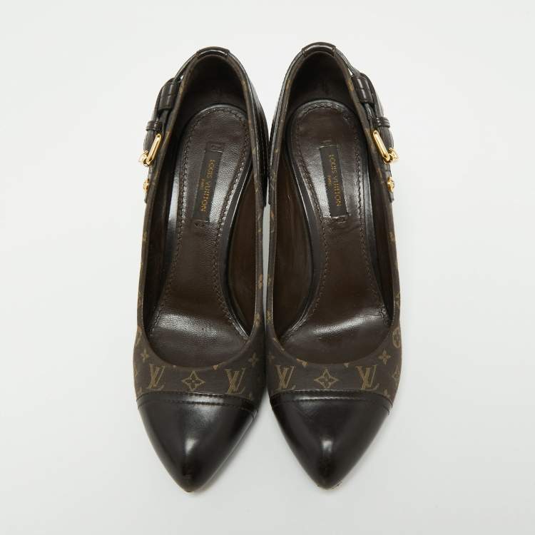 Pre Owned Louis Vuitton Brown Monogram Canvas Mini Lin Barbara Leather Cap Pointed Toe Pumps Size 36