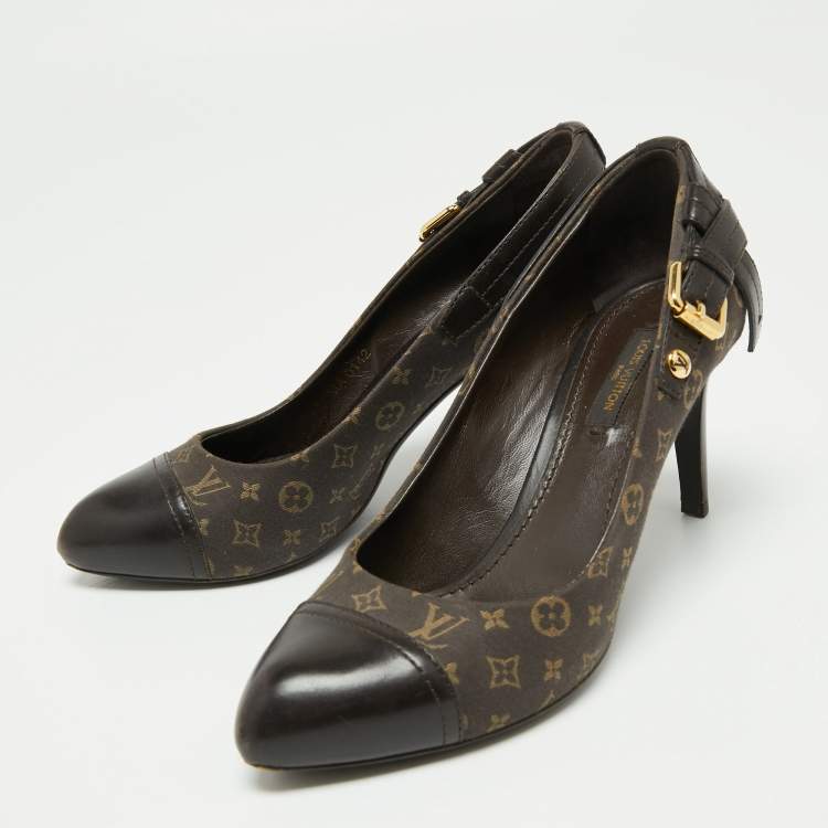 Pre Owned Louis Vuitton Brown Monogram Canvas Mini Lin Barbara Leather Cap Pointed Toe Pumps Size 36