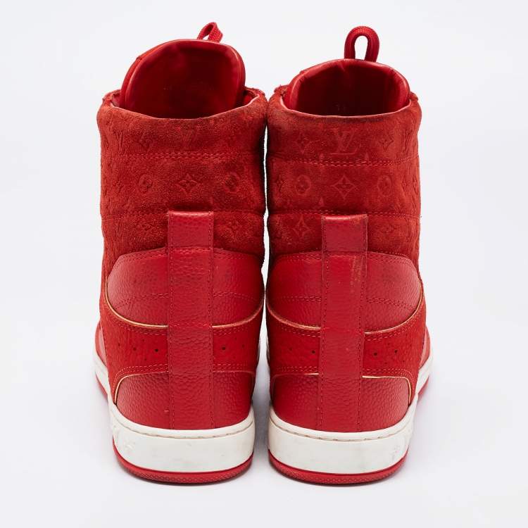 Pre Owned Louis Vuitton Red Leather And Embossed Monogram Suede Millenium Wedge Sneakers Size 39.5